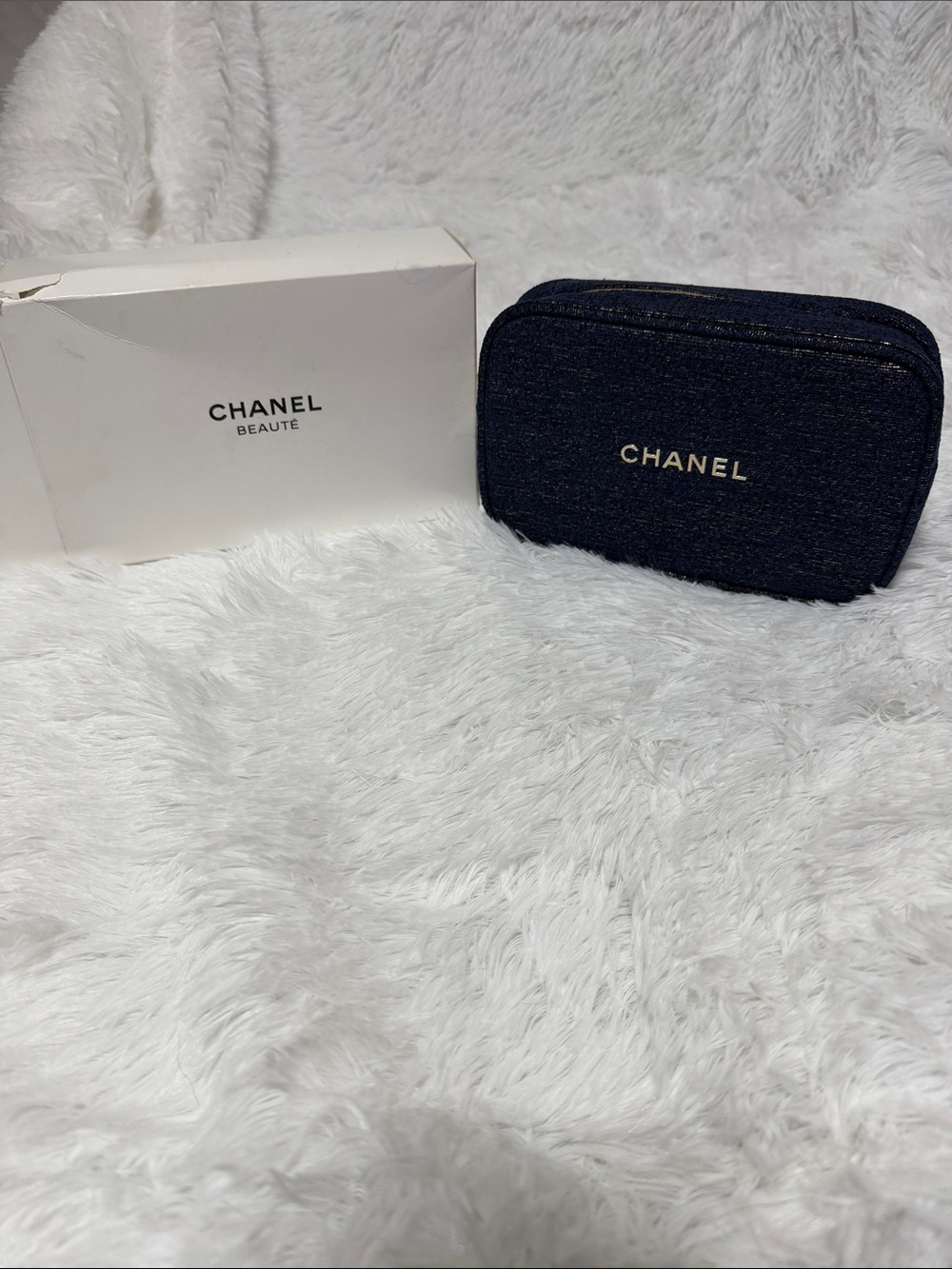 CHANEL Beaute Navy Denim Logo Pouch with Gold Lettering